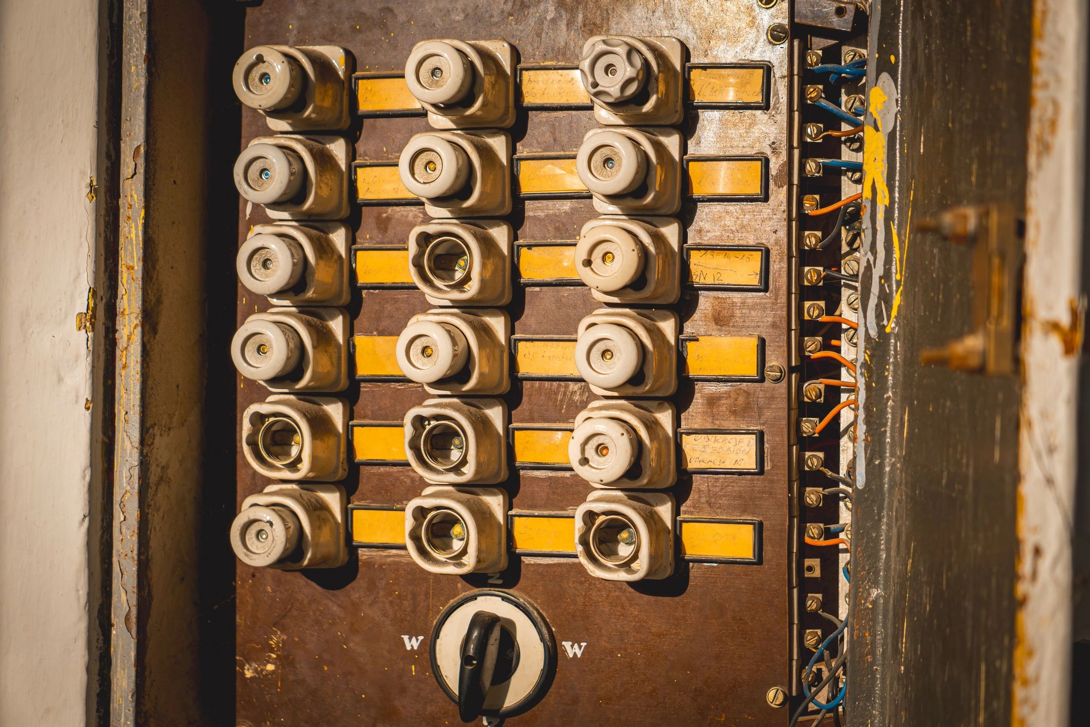 Old electrical fuse box inside an electrical cabinet